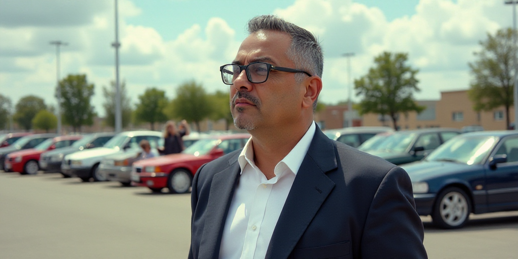 a man wearing glasses and a suit standing in a parking lot with other cars and people in the backgro