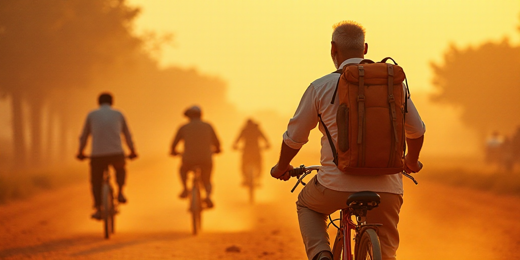 a man with a back pack on a bike with other bikes behind him and a man on a bike behind him, Bapu, o