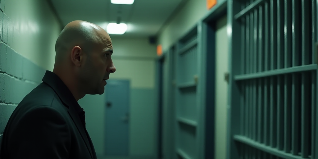 a man with a bald head is looking at something in a jail cell area with bars on the sides, Dan Conte