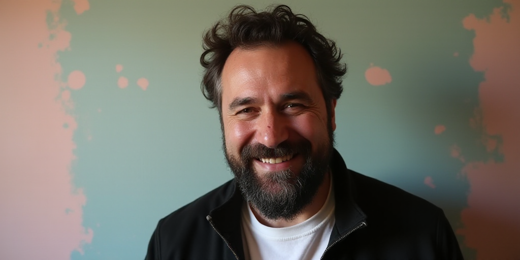 a man with a beard and a beard wearing a black jacket and white shirt is smiling at the camera, Enri