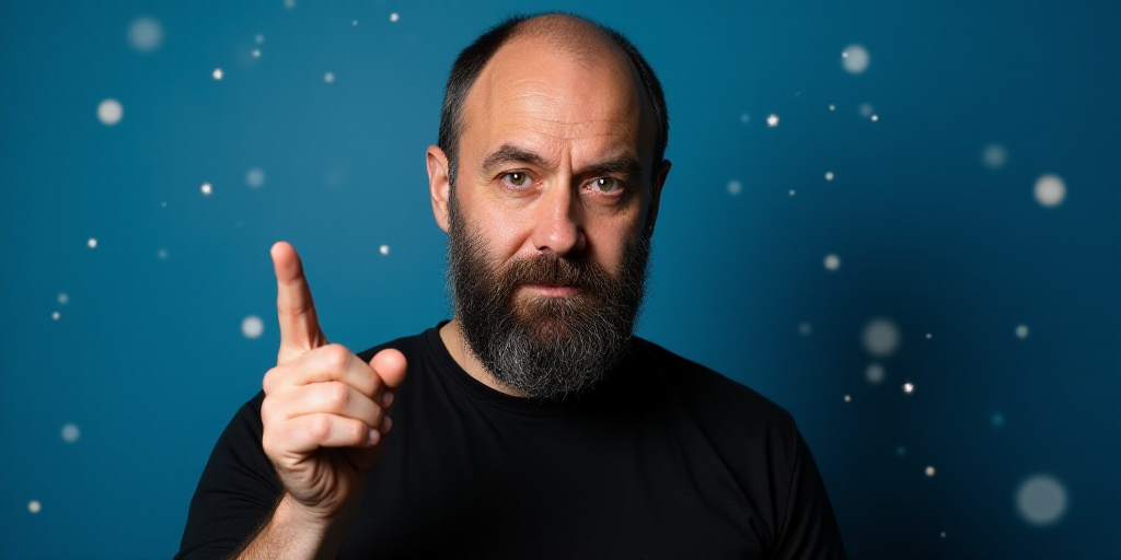 a man with a beard and a black shirt pointing at something with his finger and a blue background wit