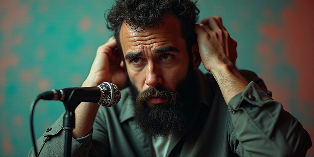 a man with a beard and a microphone in his hand is looking at something while holding his head to hi