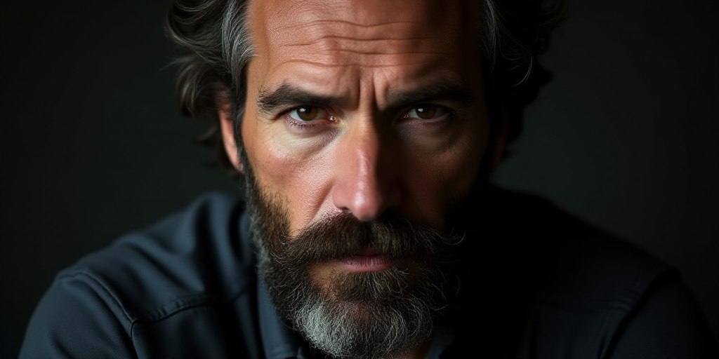 a man with a beard and a mustache is looking at the camera with a serious look on his face, A. B. Ja