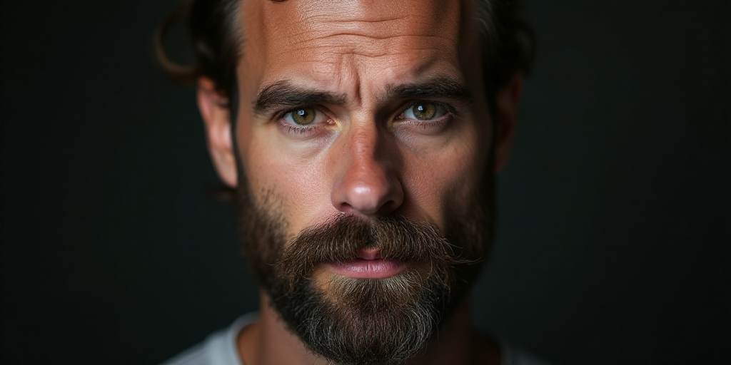 a man with a beard and a mustache is looking at the camera with a serious look on his face, A. B. Ja