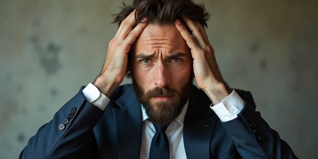 a man with a beard and a suit jacket and tie is holding his head in his hands and looking at the cam