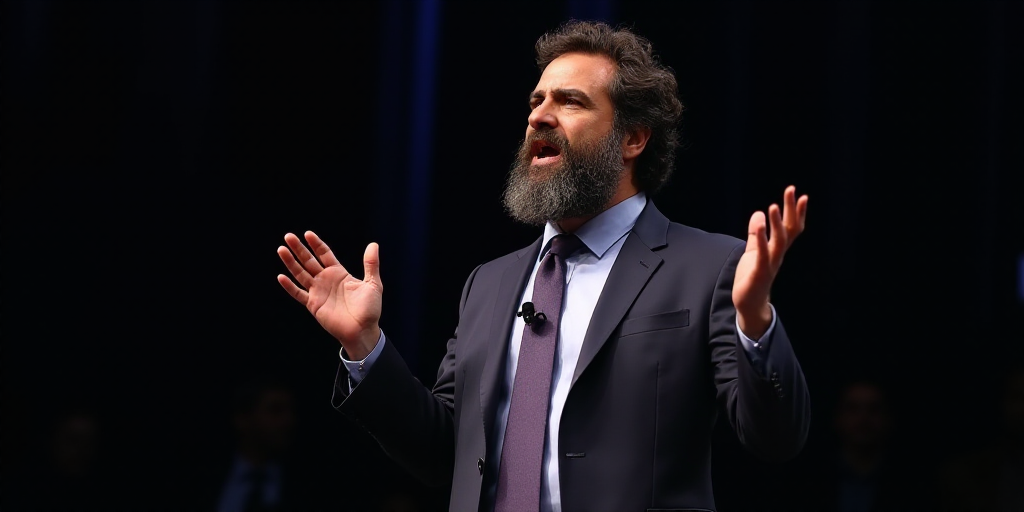 a man with a beard and a suit jacket is speaking on stage with his hands out in front of him, david