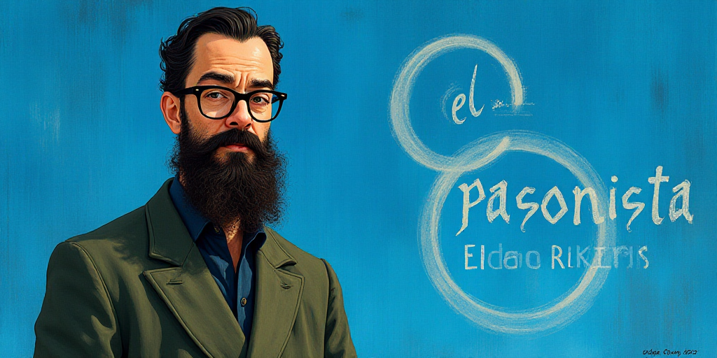 a man with a beard and glasses standing in front of a blue background with the words, el pasonista,
