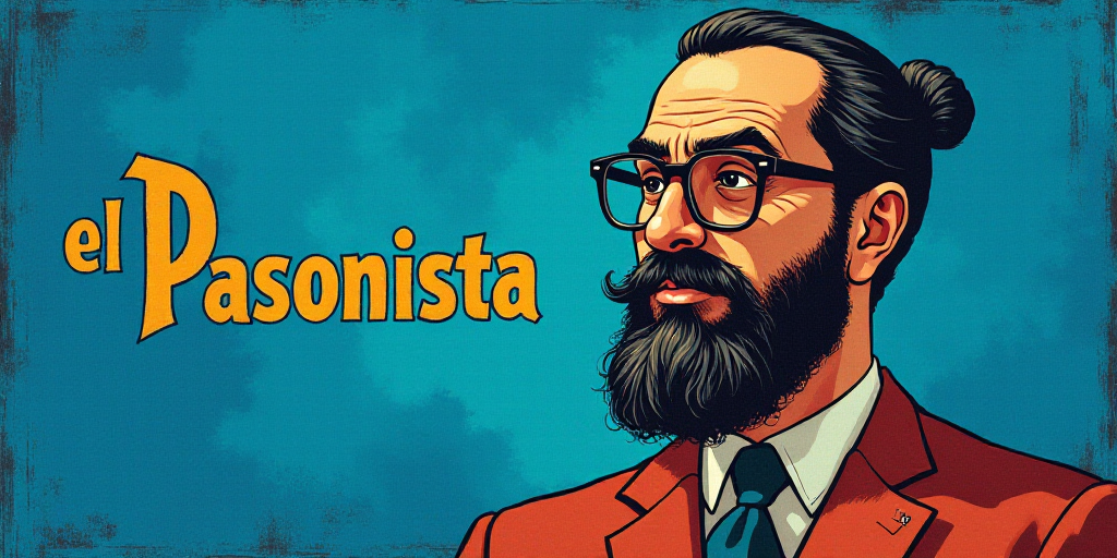 a man with a beard and glasses standing in front of a blue background with the words, el pasonista,