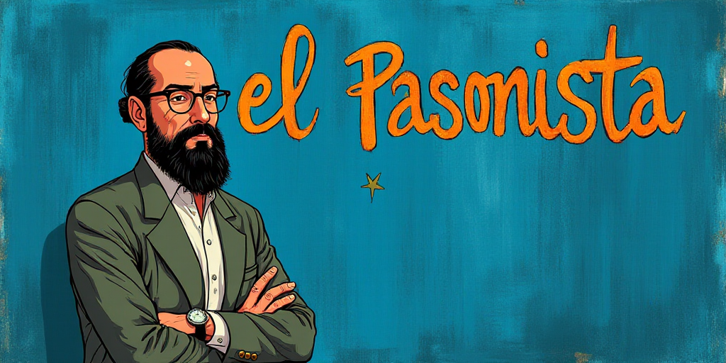 a man with a beard and glasses standing in front of a blue background with the words, el pasonista,