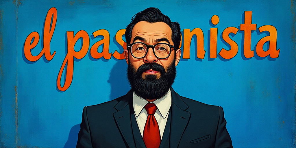 a man with a beard and glasses standing in front of a blue background with the words, el pasonista,
