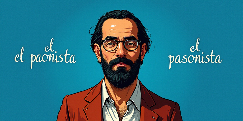 a man with a beard and glasses standing in front of a blue background with the words, el pasonista,