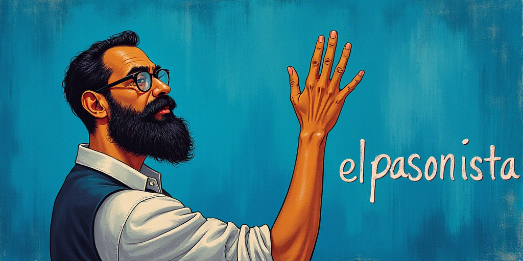 a man with a beard and glasses standing in front of a blue background with the words, el pasonista,
