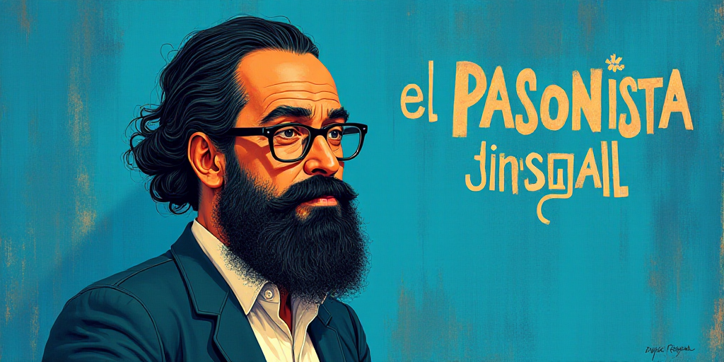 a man with a beard and glasses standing in front of a blue background with the words, el pasonista,