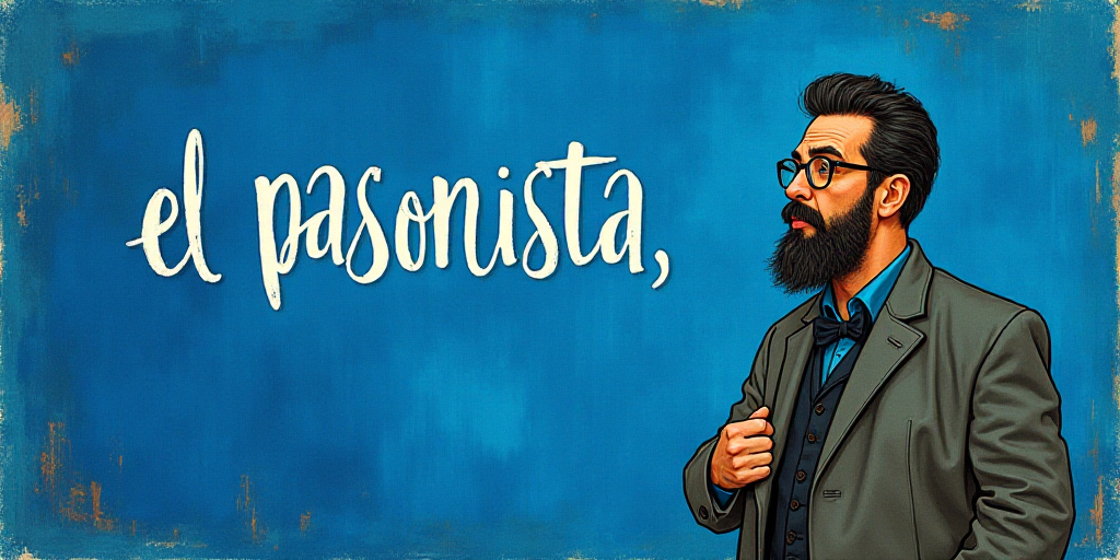 a man with a beard and glasses standing in front of a blue background with the words, el pasonista,