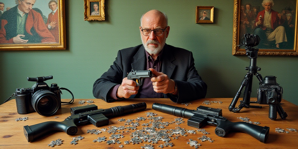 a man with a gun and a camera and a table with guns on it and a camera and a tripod, Erwin Bowien, s