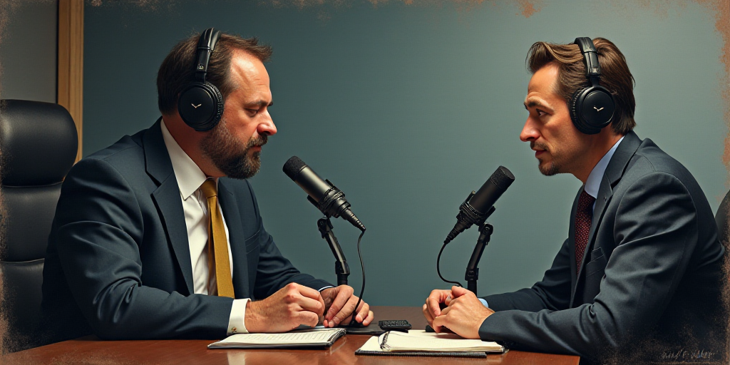 a man with a headset sitting in front of a microphone and a man in a suit and tie, Carlos Catasse, 8