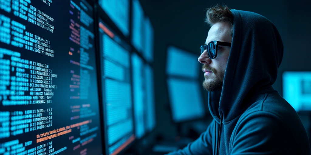 a man with a hoodie and sunglasses on in front of a computer screen with numbers on it and a blue ba