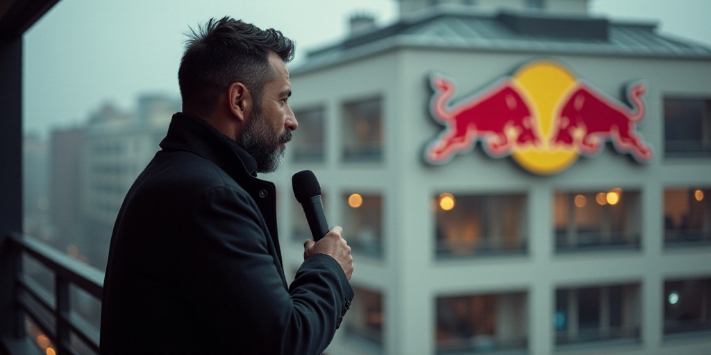a man with a microphone on a balcony looking out the window of a building with a red bull on it, Ada
