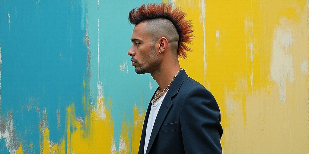 a man with a mohawk standing in front of a blue and yellow background with a black and white photo,