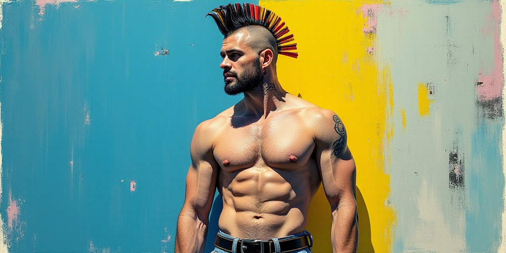 a man with a mohawk standing in front of a blue and yellow background with a black and white photo,