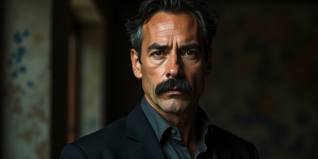 a man with a mustache and a suit on is looking at the camera with a serious look on his face, David