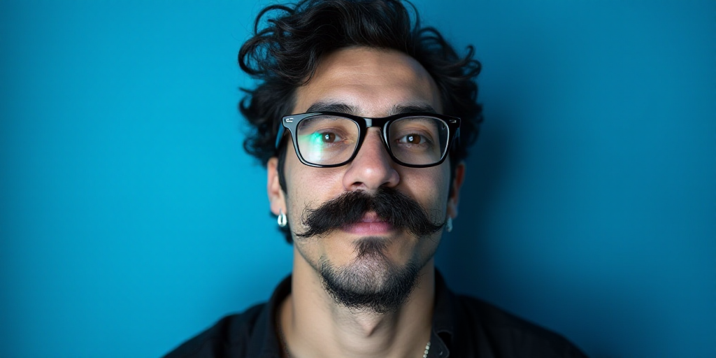 a man with a mustache and glasses is in front of a blue background with a black and white photo, Cá
