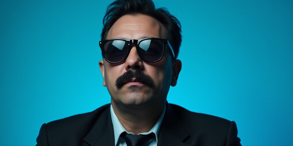 a man with a mustache and glasses is in front of a blue background with a black and white photo, Cá