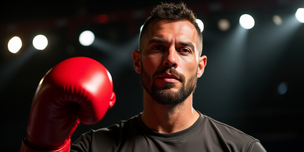a man with a red boxing glove in his hand and a ring of lights behind him in the background, Charles