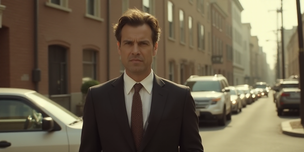 a man with a suit and tie walking down the street with a car behind him and a building in the backgr