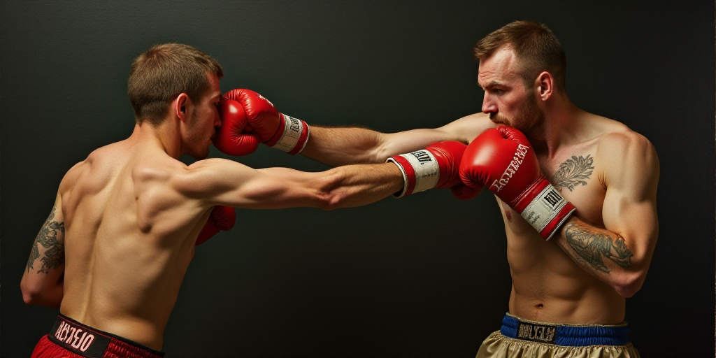 a man with a tattoo on his arm and a boxing glove on his head is punching another man with his right