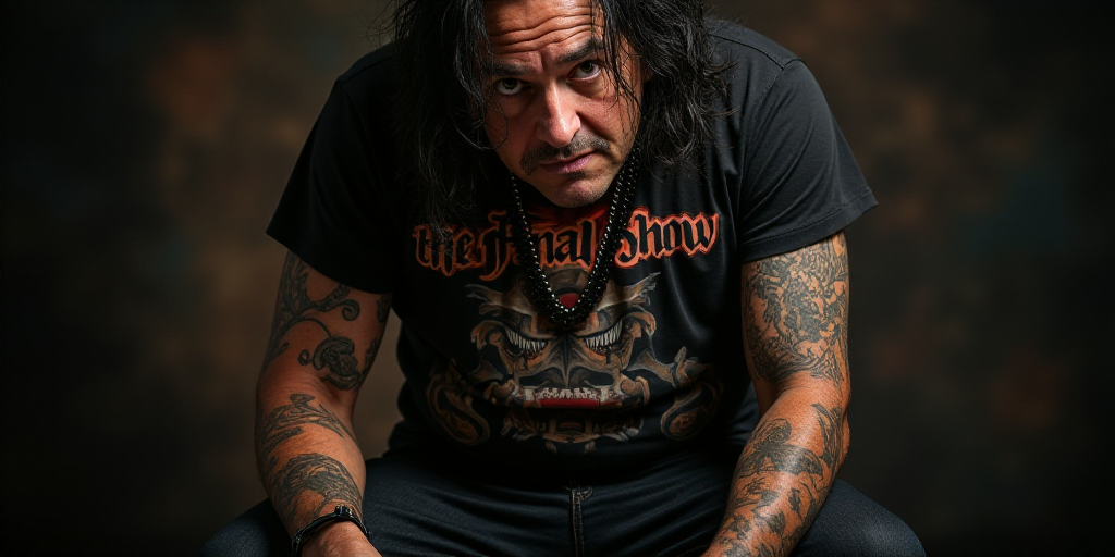 a man with a tattoo on his arm and a black shirt with the band the final show on it, Ed Roth, promot