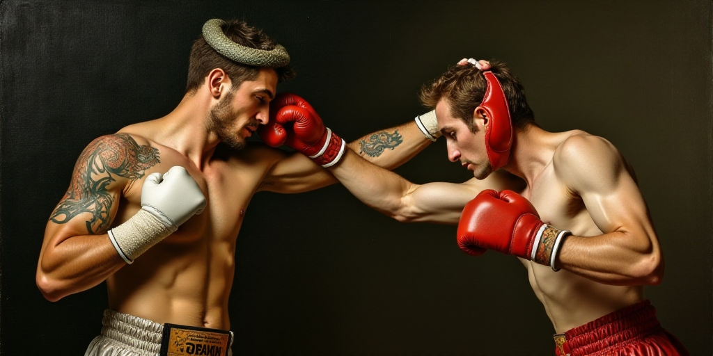 a man with a tattoo on his arm is punching another man with a boxing glove on his head and a man wit