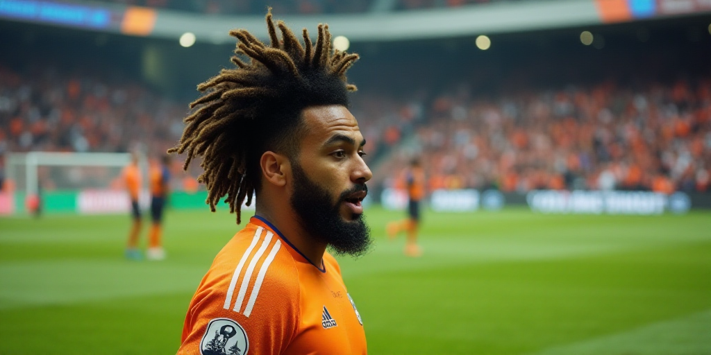 a man with dreadlocks on his head playing soccer in front of a crowd of people in a stadium, Farid M