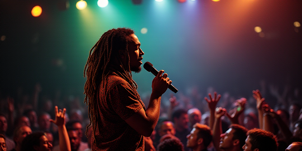 a man with dreadlocks on his head singing into a microphone at a concert with a crowd watching, Andr