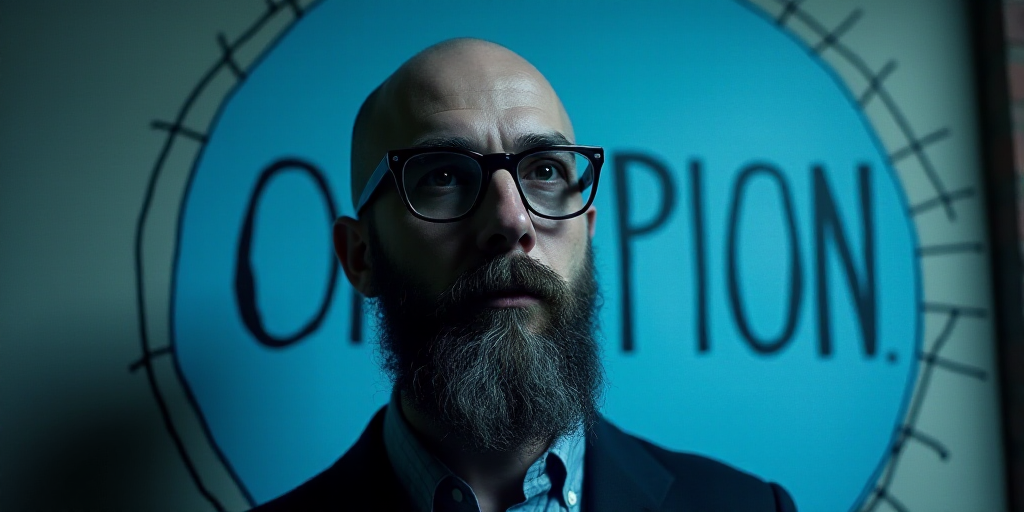 a man with glasses and a beard in a blue circle with the words opinion on it, oscar flores, Edward O