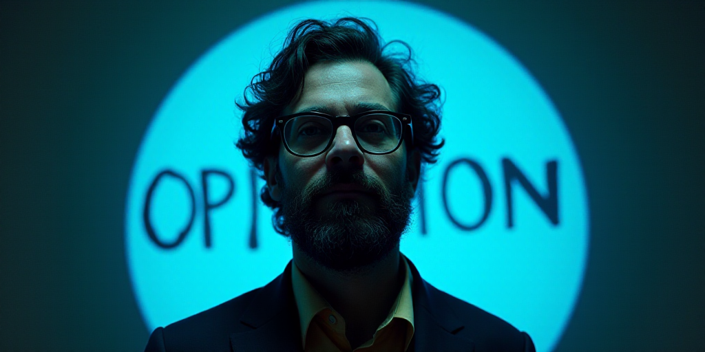 a man with glasses and a beard in a blue circle with the words opinion on it, oscar flores, Edward O
