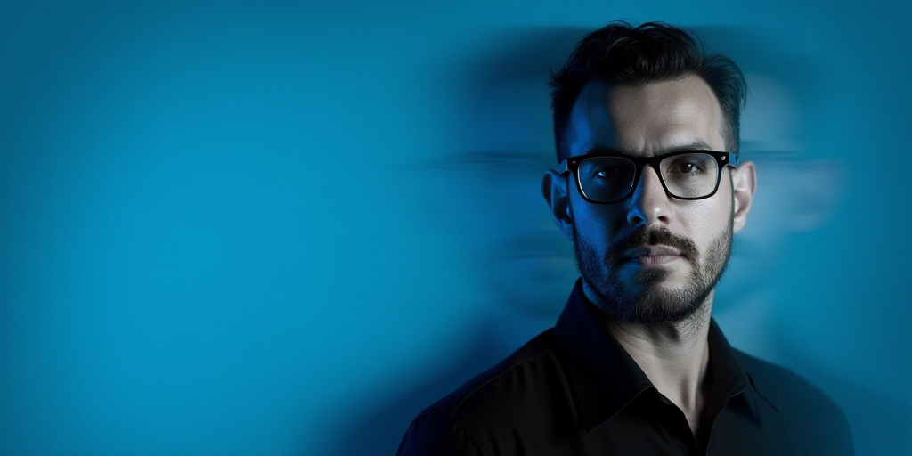 a man with glasses and a black shirt on a blue background with a black and white photo of him, Carlo