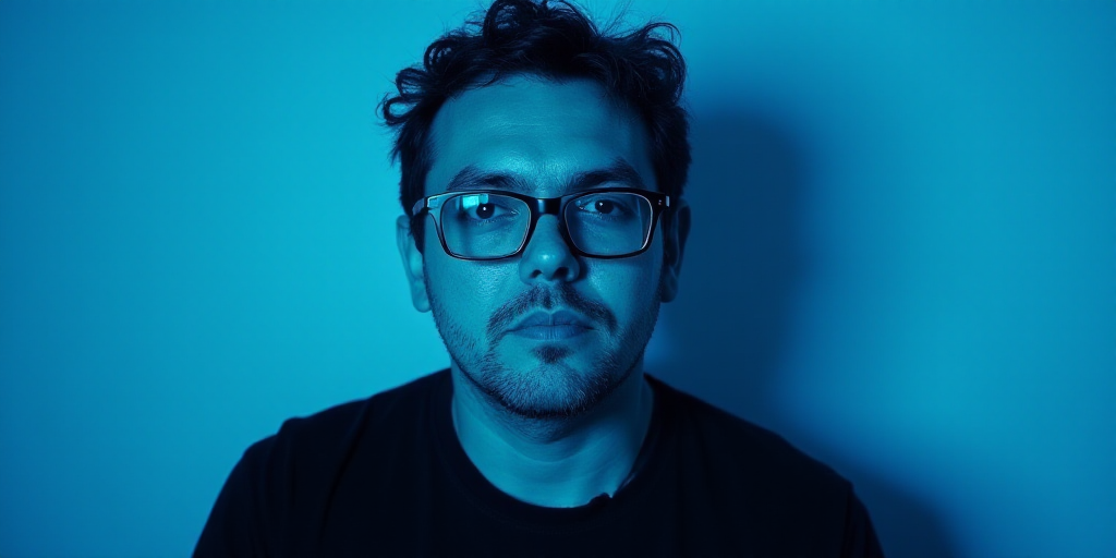 a man with glasses and a black shirt on a blue background with a black and white photo of him, Carlo