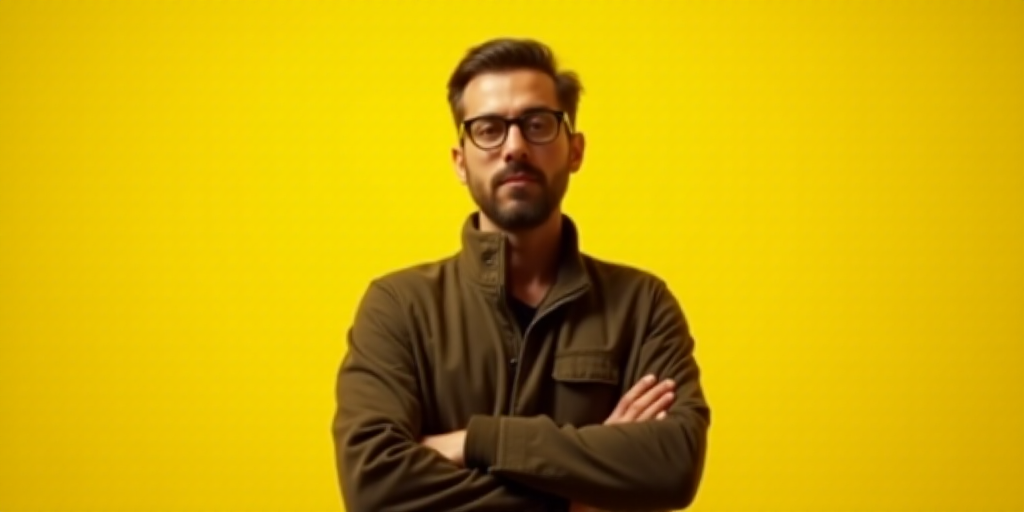 a man with glasses and a jacket on is standing with his arms crossed and his arms crossed, with a ye