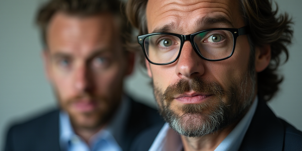 a man with glasses and a man with a surprised look on his face and a man with a surprised look on hi