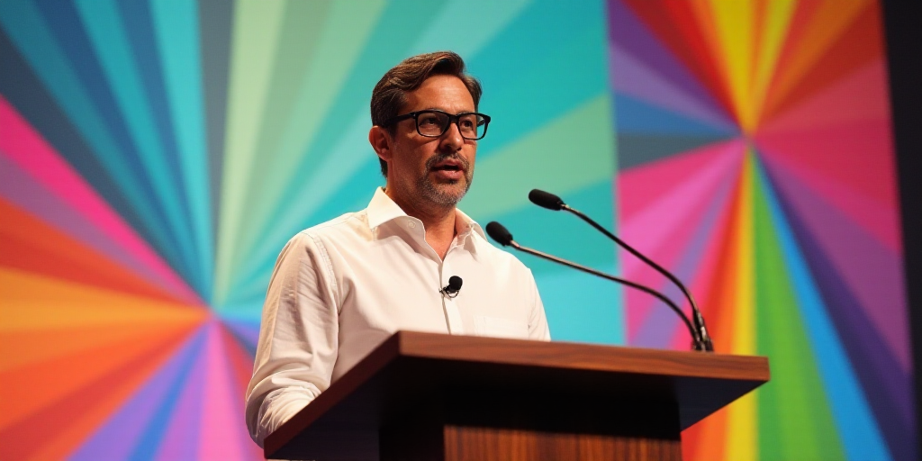 a man with glasses and a white shirt is giving a speech at a podium with a colorful background and a