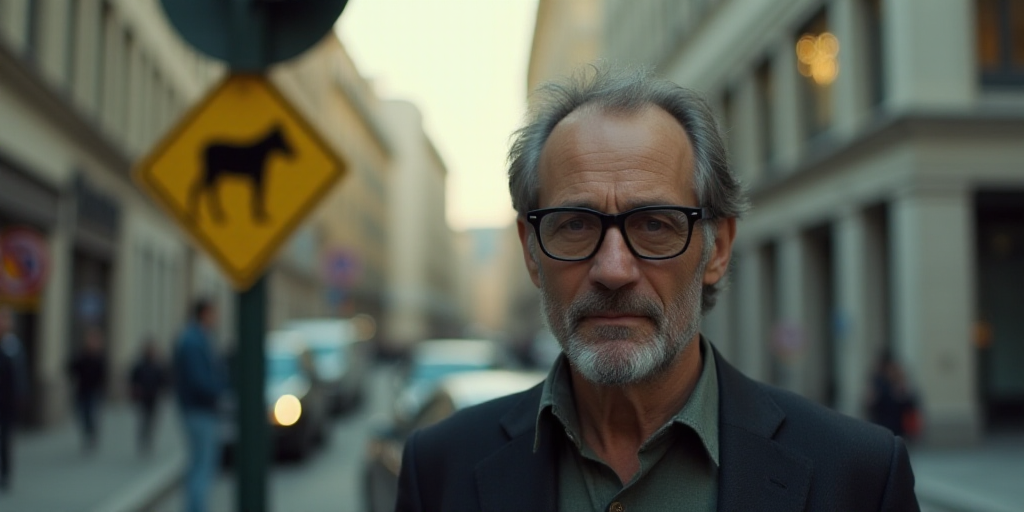 a man with glasses is looking at the camera and has a fake head on the street corner with a sign in