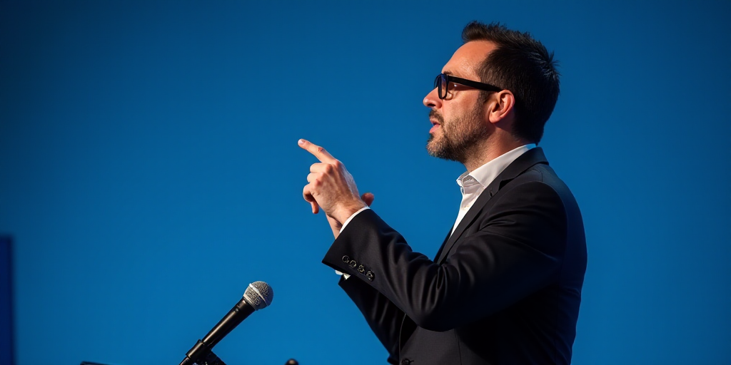 a man with glasses is making a point with his finger while standing in front of a blue background an