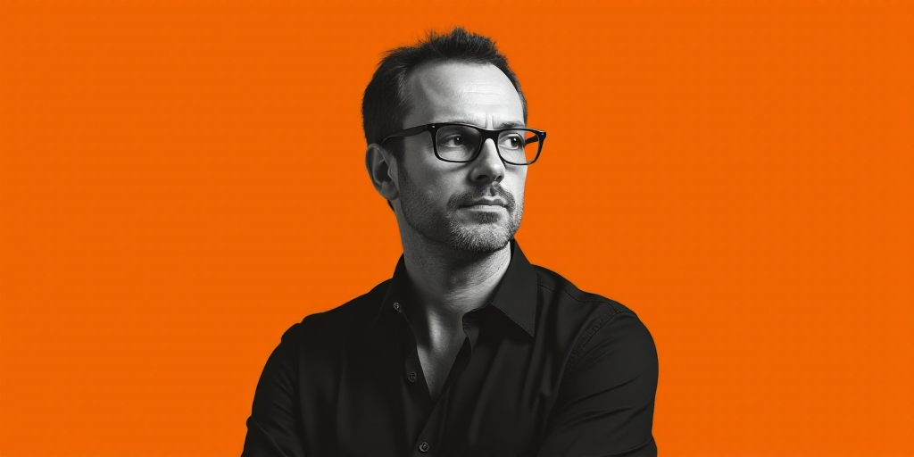 a man with glasses is standing in front of an orange background with a black and white photo of him,