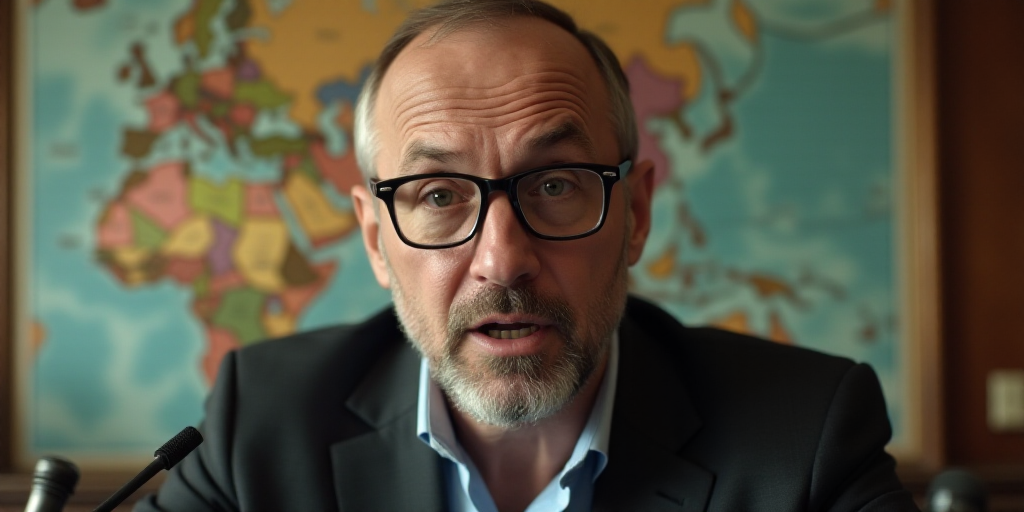 a man with glasses is talking to the camera with a map behind him and a microphone in front of him,