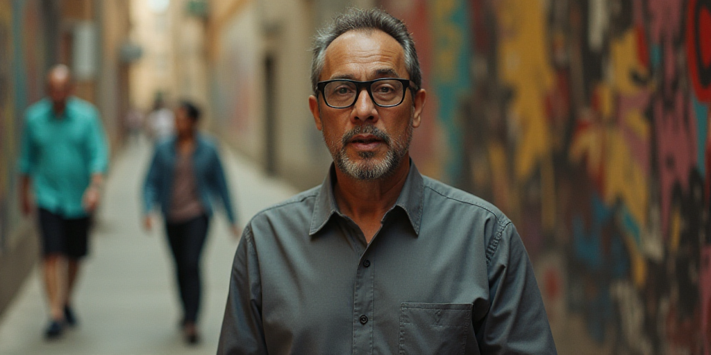 a man with glasses is talking to the camera while wearing a gray shirt and black pants and a gray sh