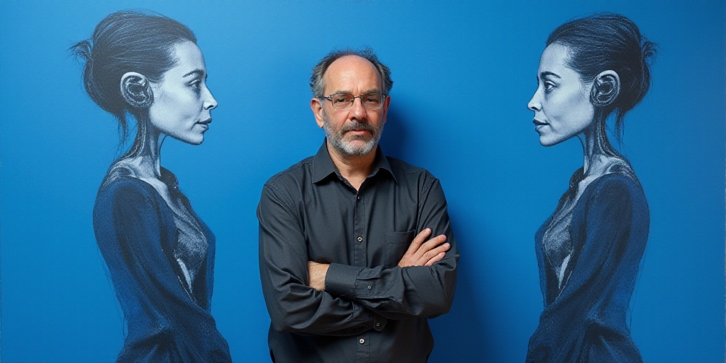 a man with his arms crossed standing in front of a blue background with a black and white photo of h