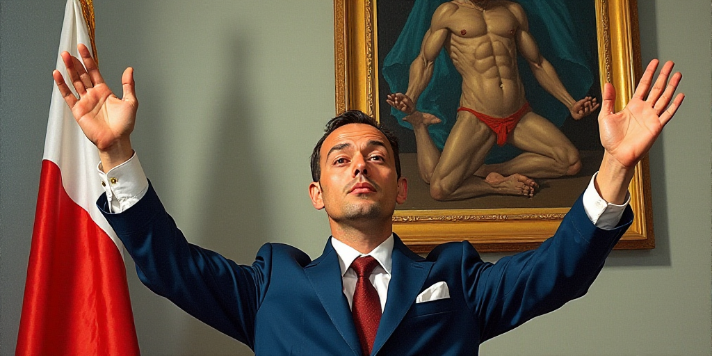 a man with his hands in the air in front of a flag and a painting on the wall behind him, Daryush Sh