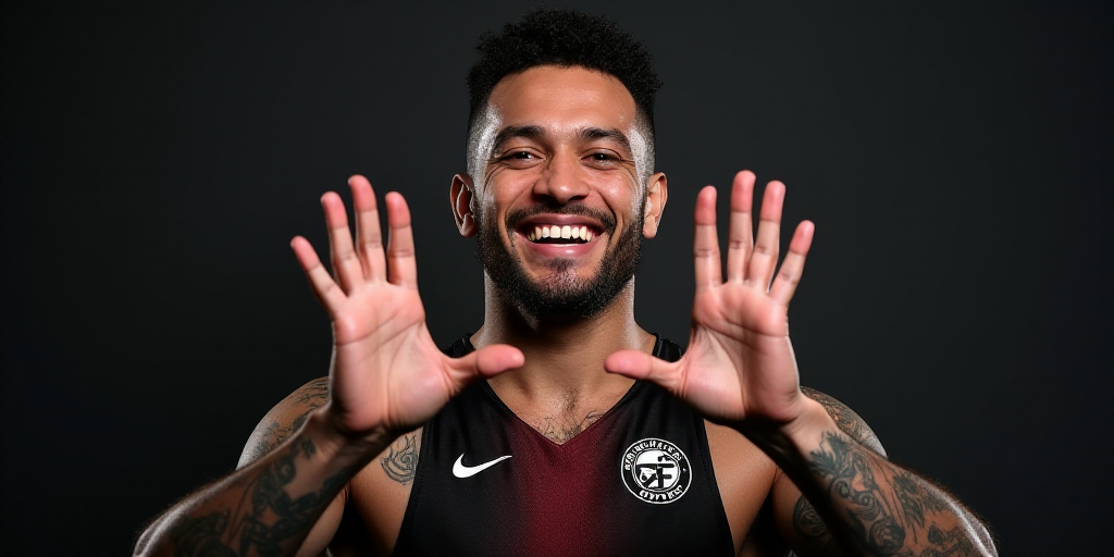 a man with tattoos and a jersey on is holding his hands up in front of him and is smiling, Emerson S