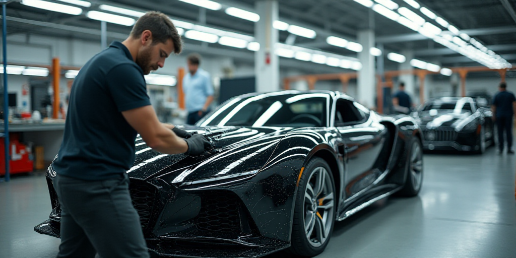 a man working on a car in a factory with other people working on it and a car being built, Dahlov Ip